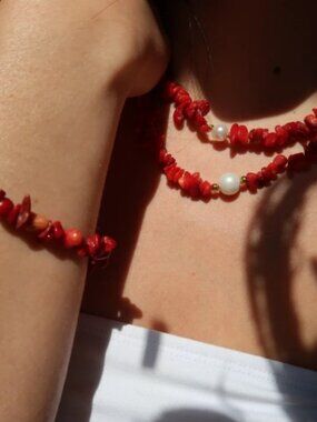 KC Chic Designs Sunset Coral Red Coral and Pearl Necklace + Bracelet Duos